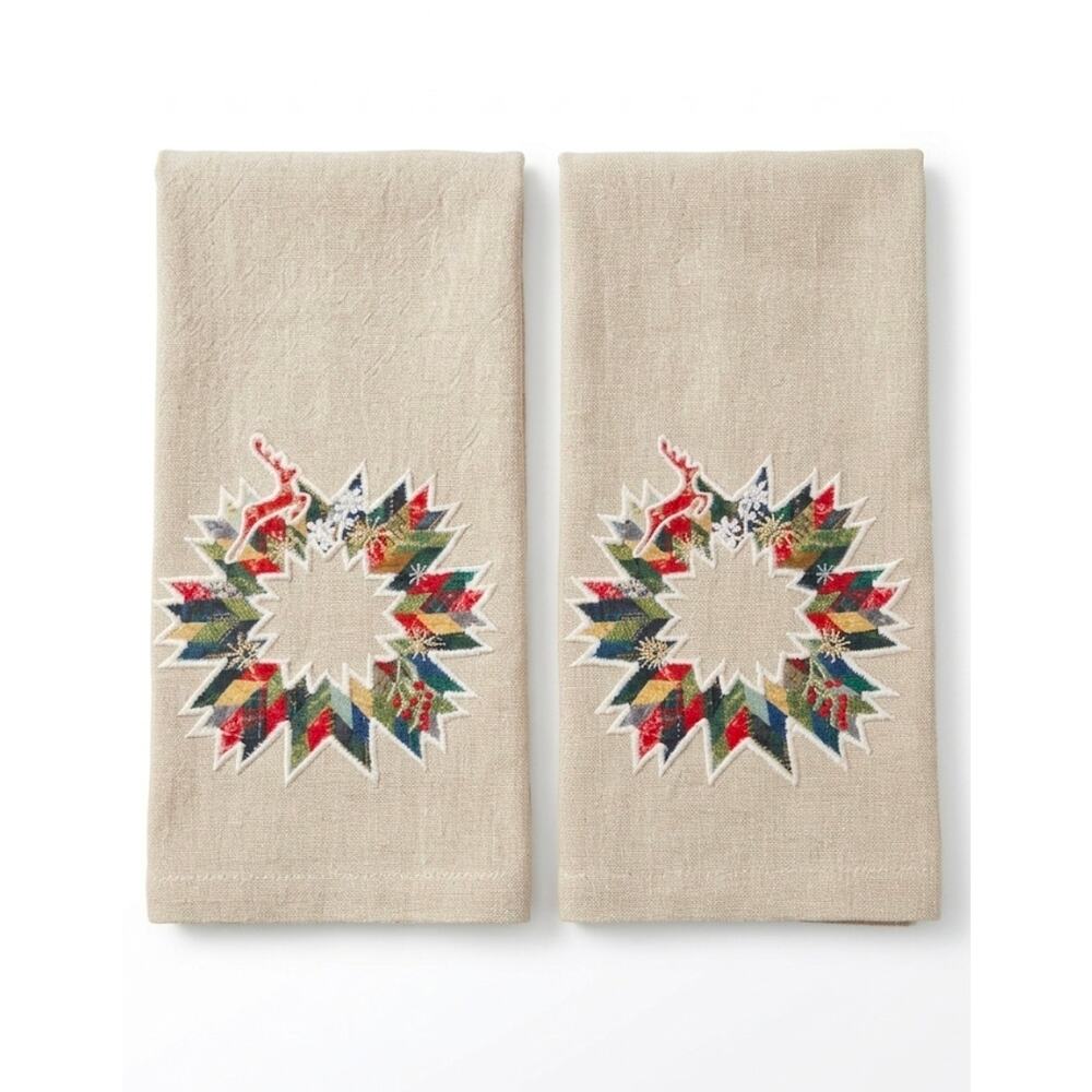 Pottery Barn Winter Wreath Cotton Guest Hand Towels Christmas Wreath